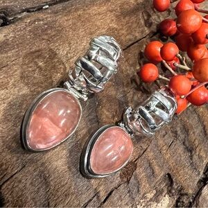 Bali Pink Strawberry Quartz Earrings Sterling Silver Chandelier Clip Ons 1.5”